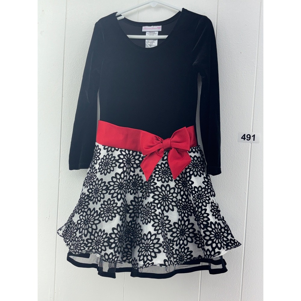 Bonnie Jean Girls Black Velvet Floral Dress Red Bow Holiday Party Size 5